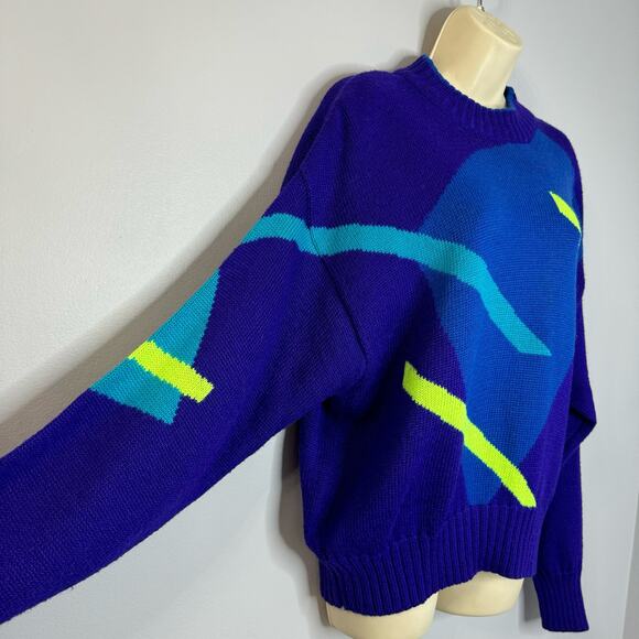 Obermeyer Vintage 80s Sail Sweater Wool Blend Retro Skiing Blue Neon Women's L - Picture 4 of 9